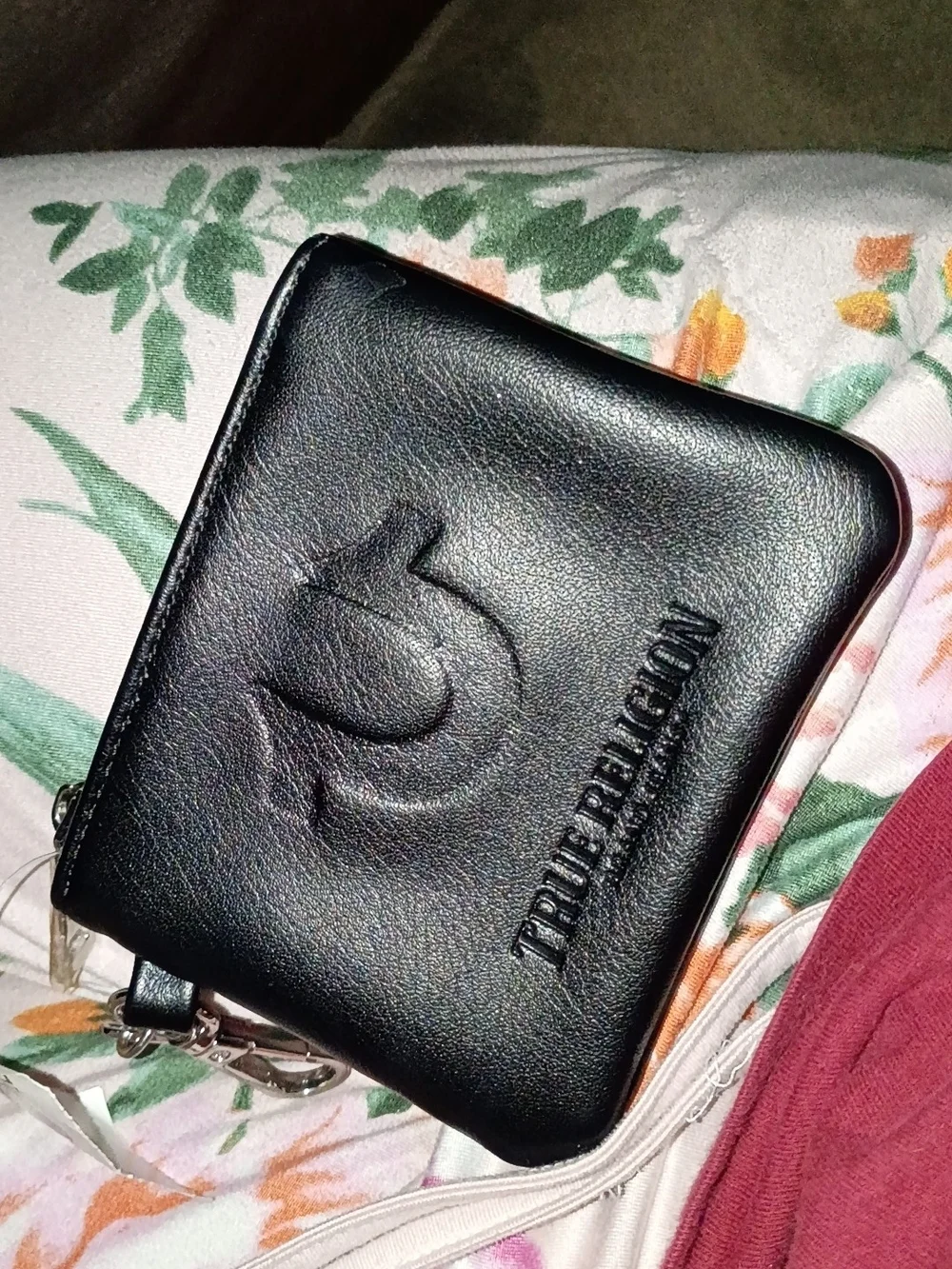 True Religion Black Leather Men's Bi-Fold Wallet with Embossed Logo